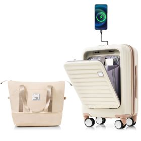 Front Opening 20-Inch Carry-On Luggage with Expandable Travel Bag Set, ABS Hard Shell Two-piece suitcase set with USB Port , Cup Holder