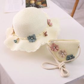 2pcs Girls Flowers Decor Lace Trim Sun Protection Straw Hat Beach Sun Hat & Zipper Straw Bag Set For Summer Outdoor Activities (Color: Milk White)